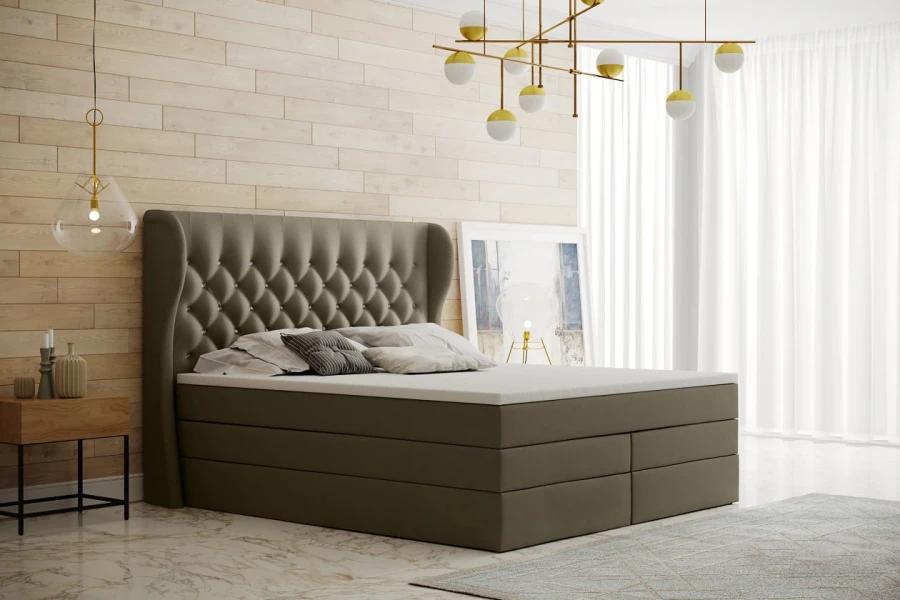 Taupefarbenes Boxspringbett in modernem Schlafzimmerambiente