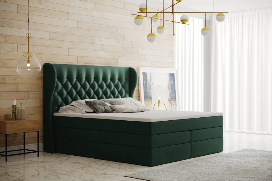 Boxspringbett in Smaragdgrün mit gestepptem Kopfteil und Glitzersteinen im modernen Schlafzimmer.
