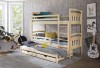 Pine wood bunk bed with third pull-out bed and two drawers in the children's room.