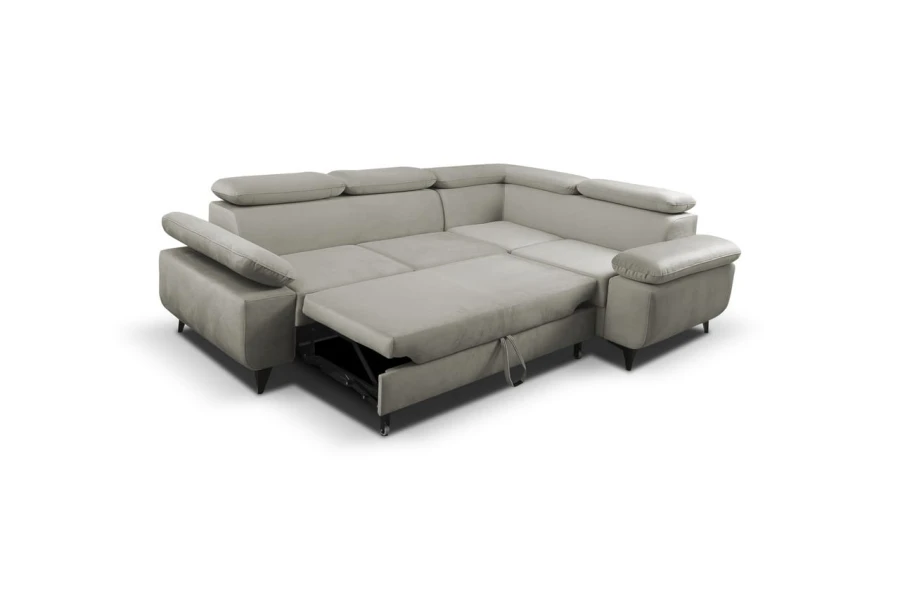 Graue Eckcouch mit ausziehbarer Schlaffunktion, ideal als Gästebett im Wohnzimmer.