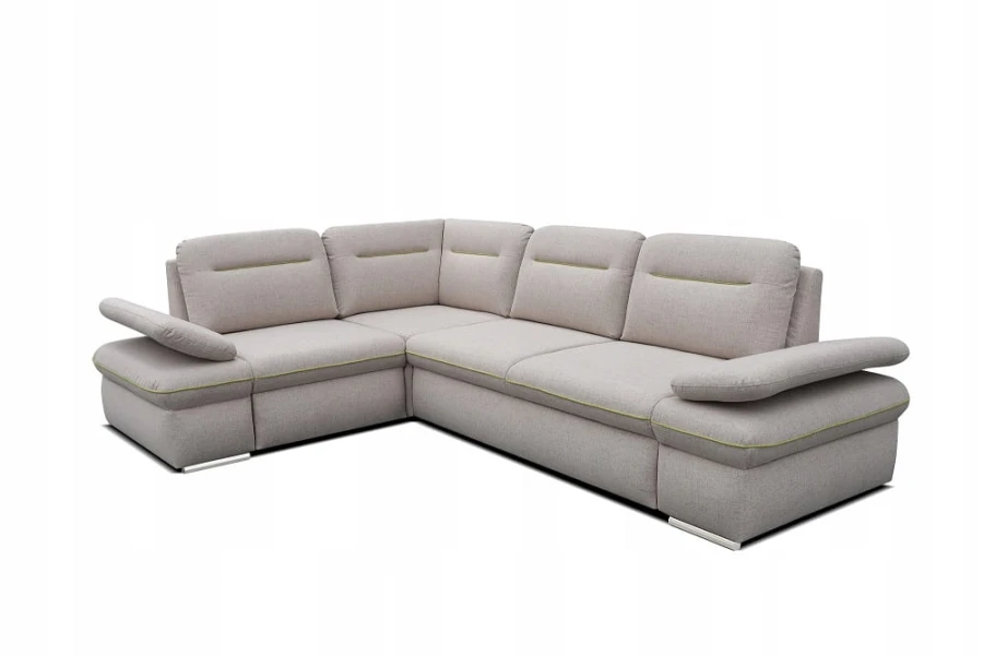 L-förmiges Polstersofa in Grau mit dekorativen Ziernähten und verstellbaren Kopfstützen.