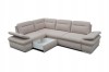 Funktionales Ecksofa in Grau mit ausgezogenem Bettkasten für zusätzlichen Stauraum.