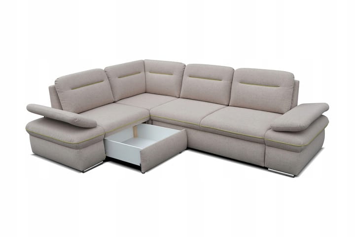 Funktionales Ecksofa in Grau mit ausgezogenem Bettkasten für zusätzlichen Stauraum.