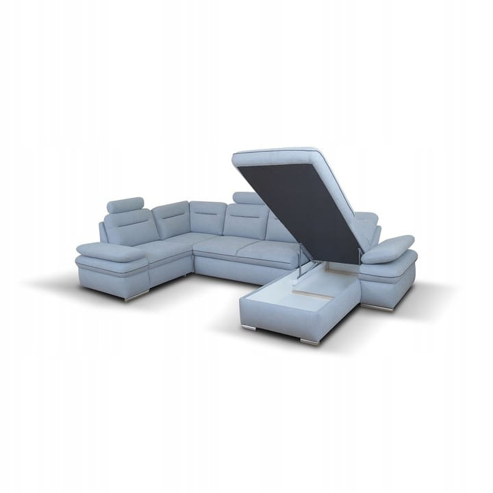U-Form Sofa in Hellblau mit praktischem, offenem Bettkasten.