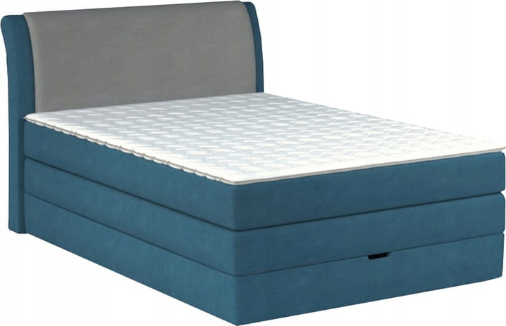 Blaues Boxspringbett mit grauem Kopfteil und weißer Matratze.