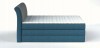 Modernes blaues Boxspringbett mit grauem Kopfteil in der Seitenansicht.