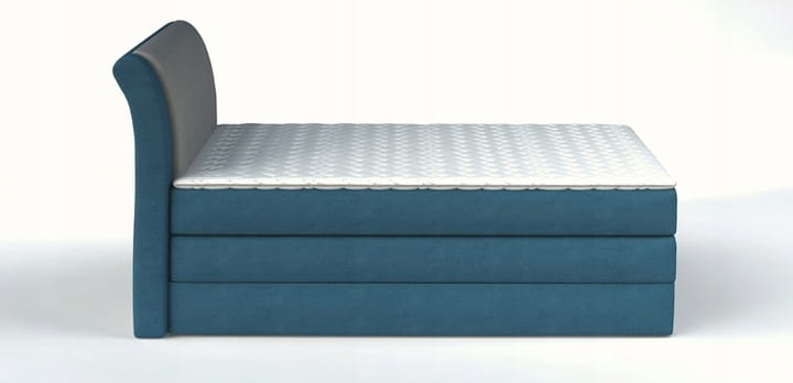 Modernes blaues Boxspringbett mit grauem Kopfteil in der Seitenansicht.