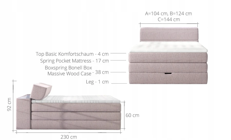 Detaillierte Maße und Schichtaufbau des Boxspringbettes im Überblick.