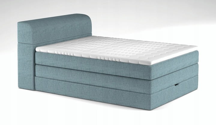 Perspektivische Ansicht eines hellblauen Boxspringbetts mit gestepptem Matratzen-Topper.