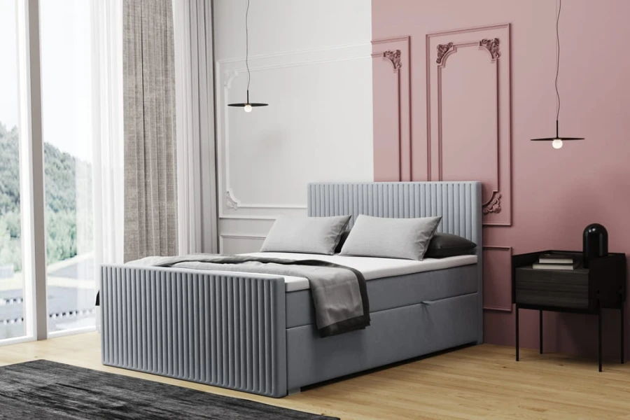 Graues Polsterbett mit vertikalen Rillen und modernem Design für das Schlafzimmer.