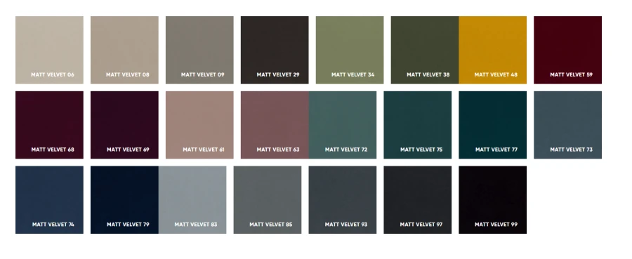 Farbpalette der Matt Velvet Stoffkollektion für hochwertige und samtige Möbelbezüge.