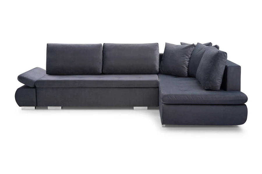 Dunkelgraue Eckcouch in L-Form rechts mit weichen Polstern und modernen silbernen Standfüßen.