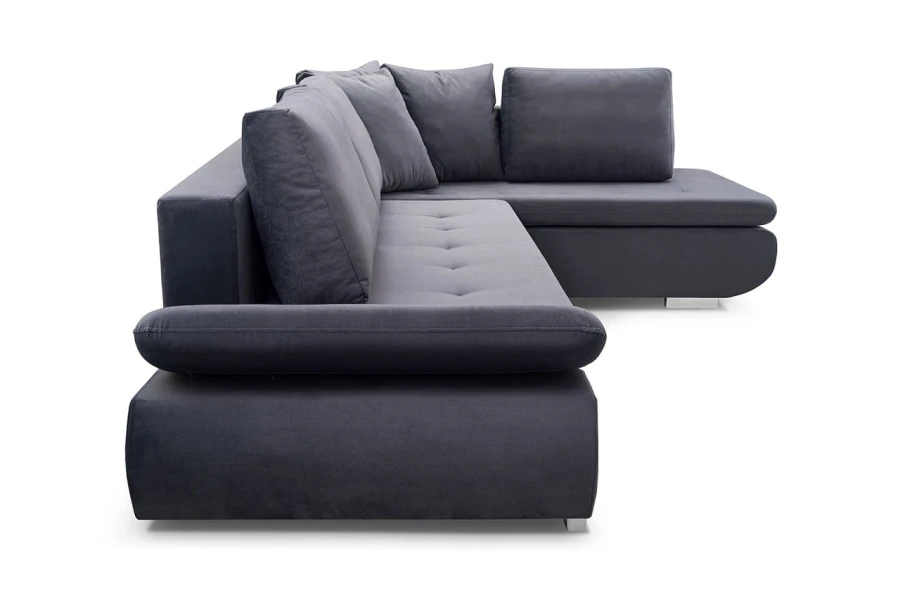 Modernes Ecksofa in Anthrazit, Seitenansicht mit weichen Rückenkissen.