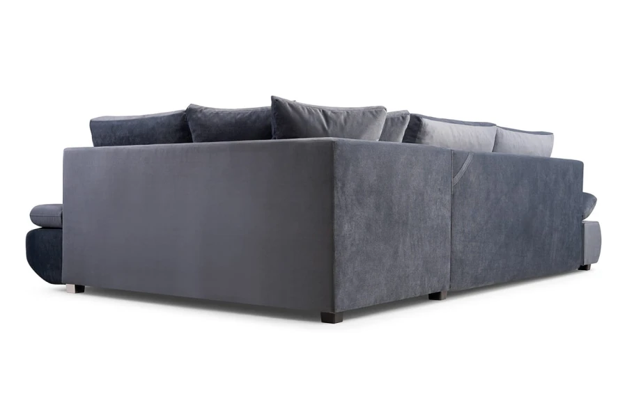 Rückansicht eines anthrazitfarbenen Ecksofas, hochwertig verarbeitete Rückseite.