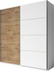 Schwebetürenschrank mit zweifarbiger Front in Eiche-Optik und Weiß.