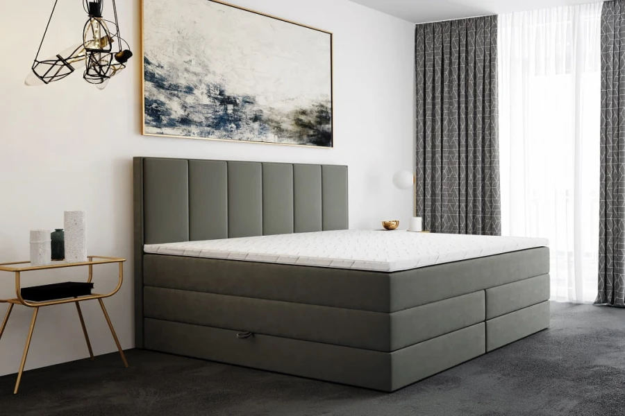 Modernes graues Boxspringbett im Schlafzimmer mit Wandbild