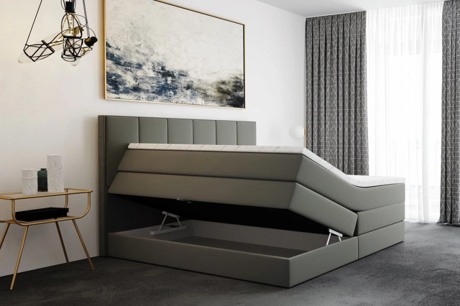 Graues Boxspringbett mit aufklappbarem Bettkasten und Stauraum