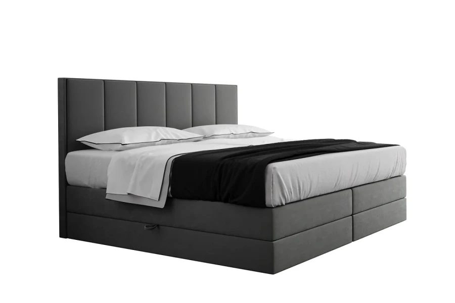 Freigestelltes Boxspringbett in Grau mit Kopfteil und Kissen