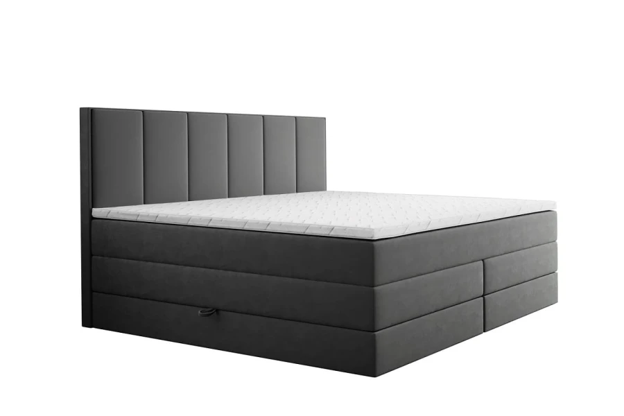 Modernes Boxspringbett in Dunkelgrau mit hohem gepolstertem Kopfteil