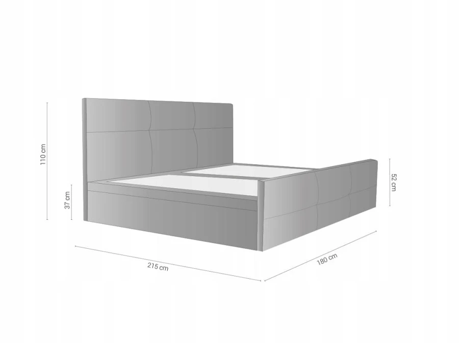 Technische Zeichnung eines Doppelbetts mit Abmessungen: 180 cm Breite und 110 cm Kopfteilhöhe.
