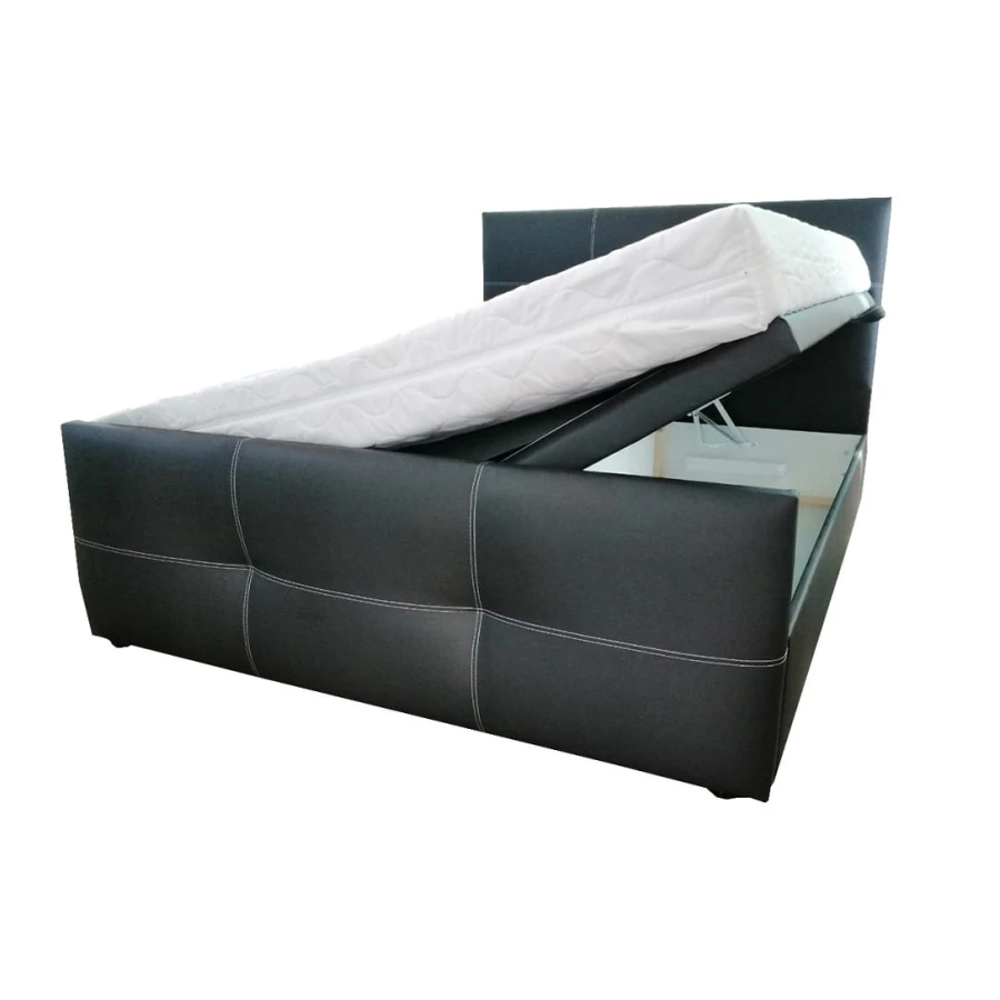 Schwarzes Polsterbett mit hochgeklappter Matratze und Bettkasten für Stauraum.