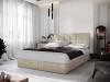 Modernes Schlafzimmer mit beige gepolstertem Bett, weißem Vorhang und stilvollen Designerlampen.