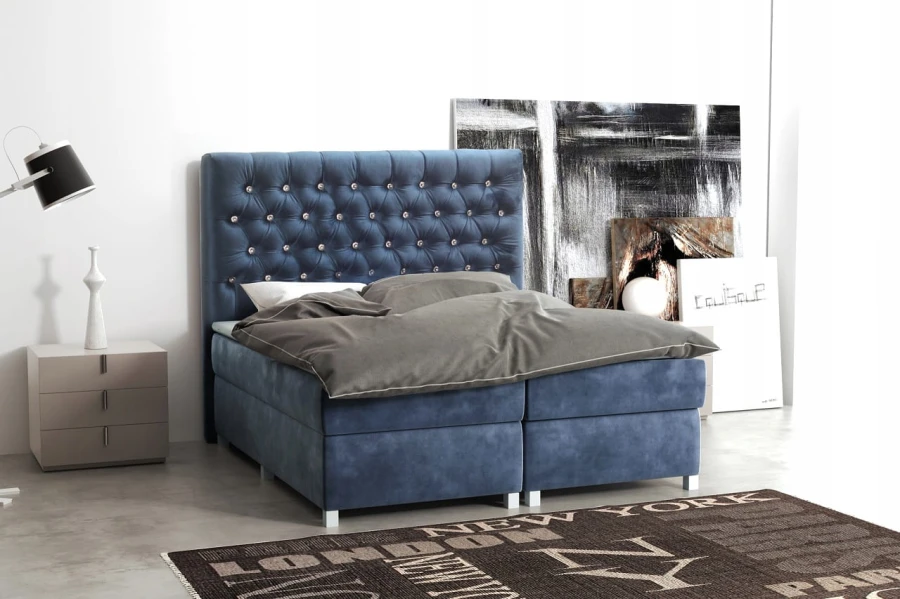 Modernes Polsterbett in Blau mit luxuriösem Design und passender grauer Bettwäsche.