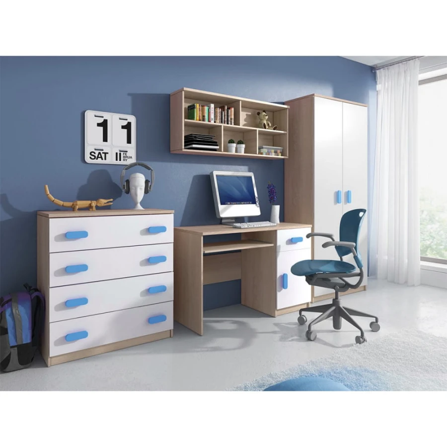 Modernes Jugendzimmer Set mit Schreibtisch, Kommode und Kleiderschrank.