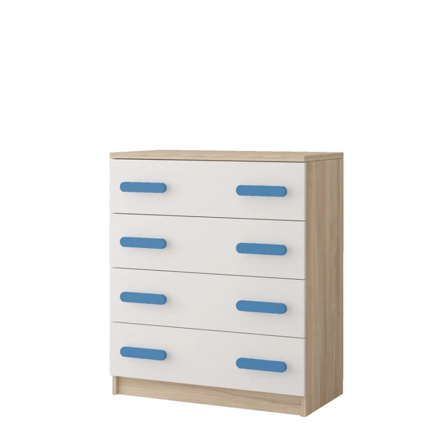 Kommode fürs Kinderzimmer in Weiß und Eiche mit blauen Griffen, 4 Schubladen.