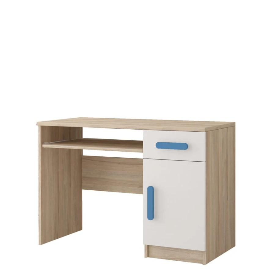 Kinderschreibtisch in Eiche-Optik und Weiß mit blauen Griffen und Tastaturauszug.