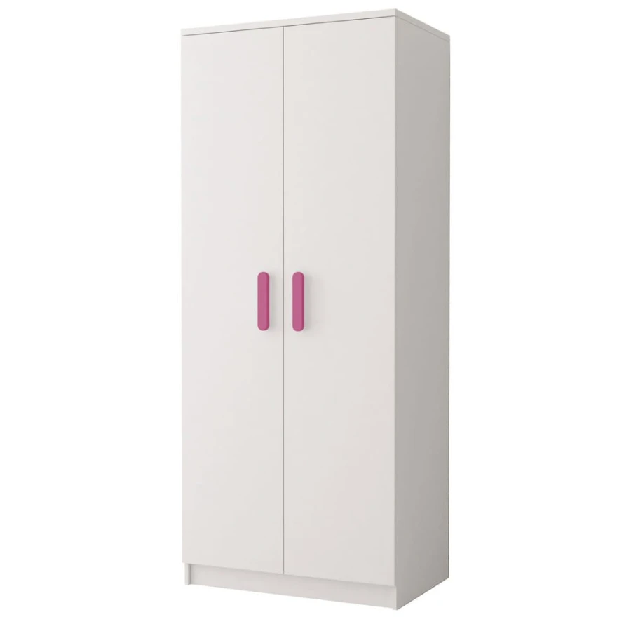 Weißer zweitüriger Kleiderschrank mit rosa Griffen