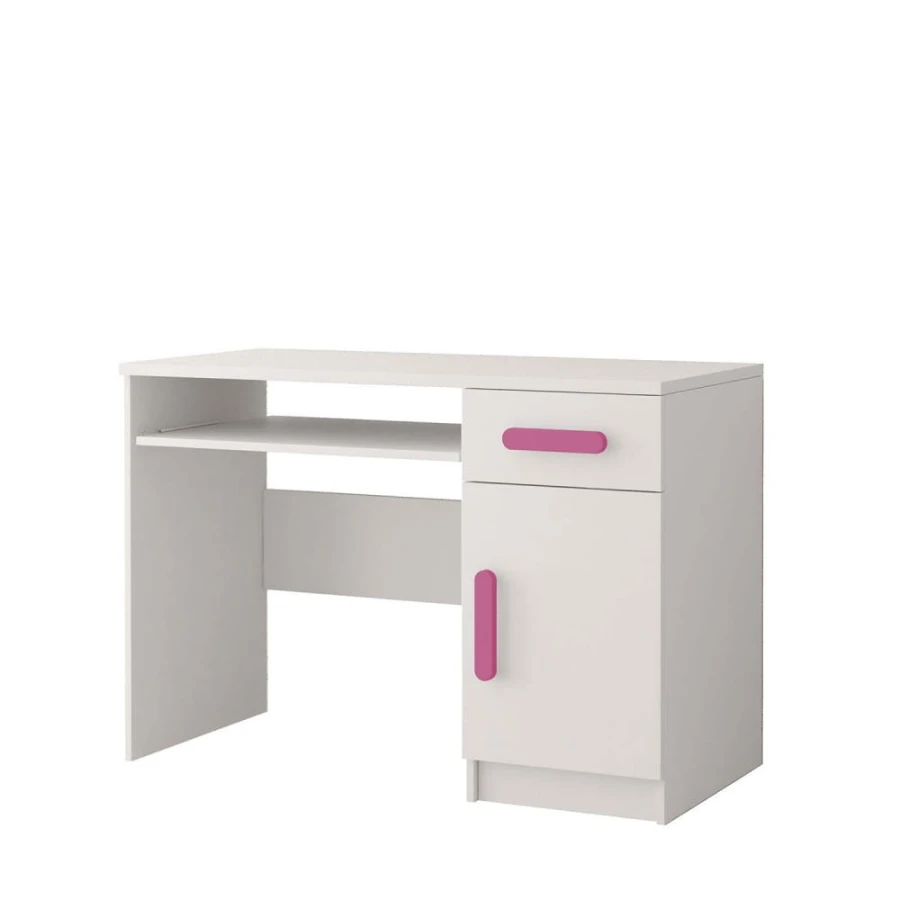 Weißer Schreibtisch mit Schublade und Schrankfach, rosa Griffe