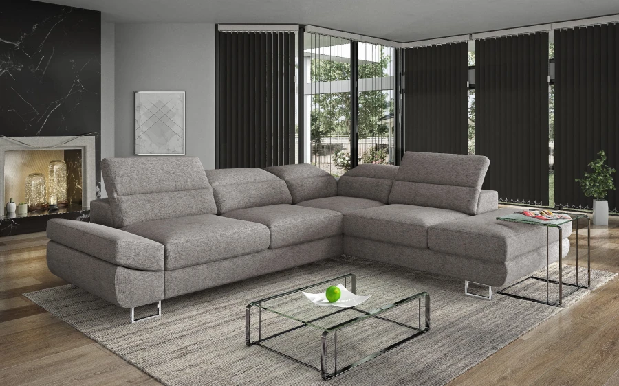Elegantes anthrazitfarbenes Ecksofa in modernem Ambiente mit Glas-Couchtisch.