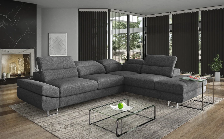 Modernes Ecksofa in Grau mit verstellbaren Kopfstützen und Glastisch im Wohnzimmer.
