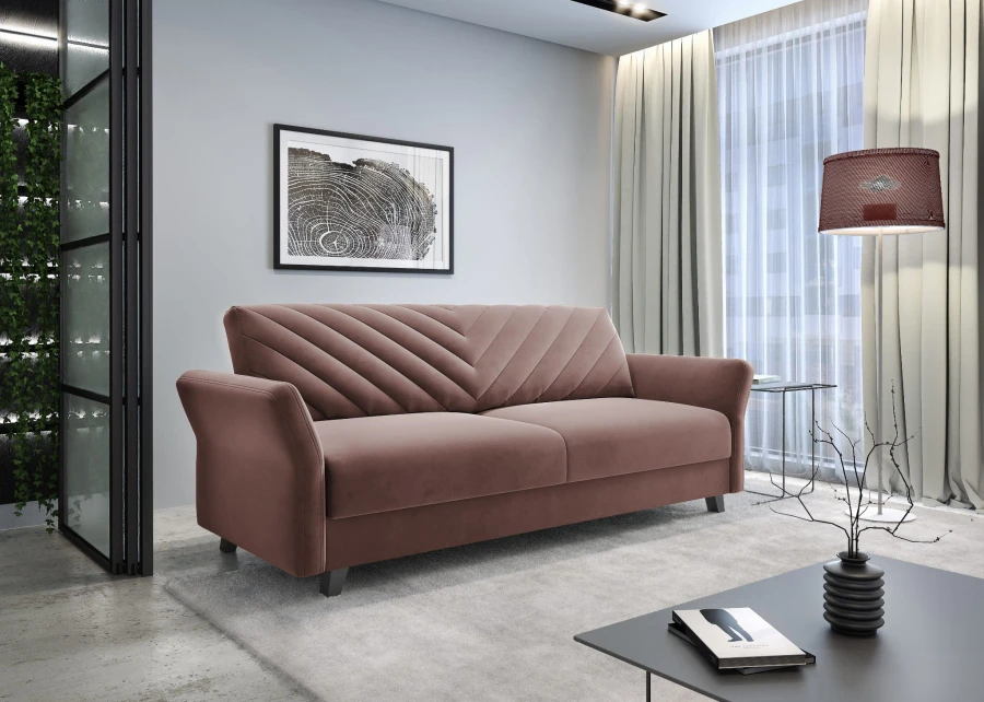 Modernes Schlafsofa in Altrosa mit dekorativer Steppung im Wohnzimmer.