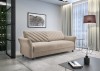 Beiges Schlafsofa mit elegantem Steppmuster und schwarzen Holzfüßen.