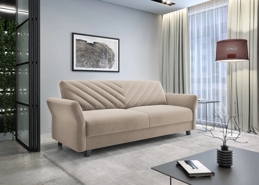 Beiges Schlafsofa mit elegantem Steppmuster und schwarzen Holzfüßen.
