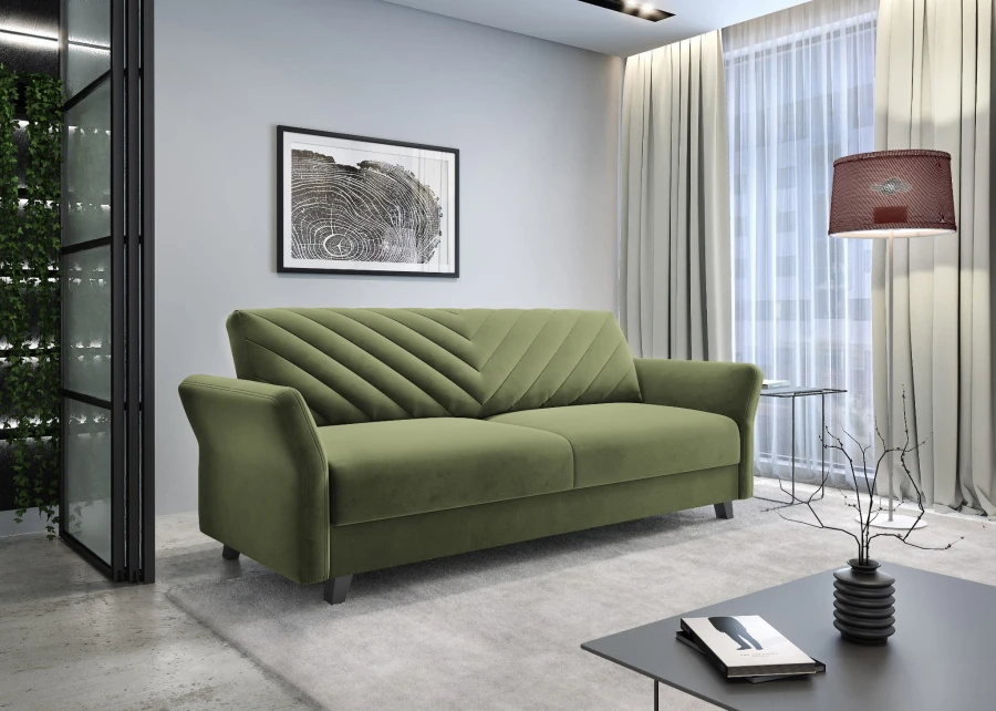 Modernes olivgrünes Sofa mit dekorativer Steppung im hellen Wohnzimmer.