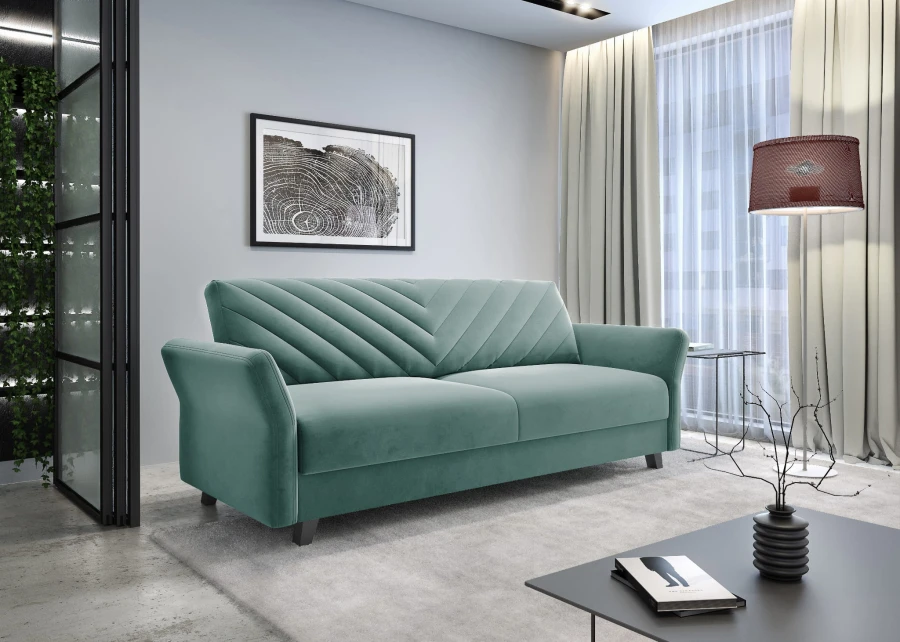 Stilvolles türkisfarbenes Sofa mit gesteppter Rückenlehne in hellem Ambiente.