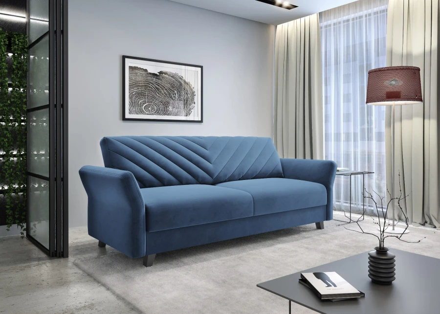Dunkelblaues Polstersofa mit Ziernähten im skandinavischen Wohnstil.