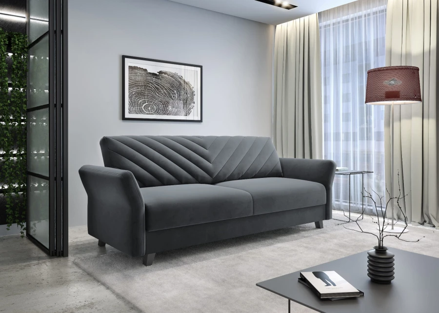 Zeitloses dunkelgraues Sofa mit diagonalem Muster in modernem Interieur.