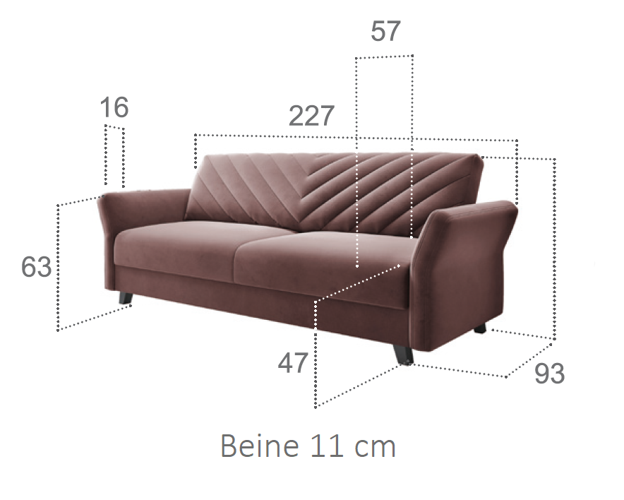 Braunes Sofa mit Maßen: 227 cm Breite, 93 cm Tiefe, abgesteppte Rückenlehne und 11 cm hohe Beine.
