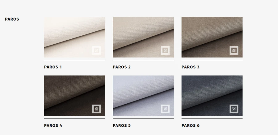 Farbpalette der Paros Möbelstoffe mit den Nummern 1 bis 6 für Polsterungen.