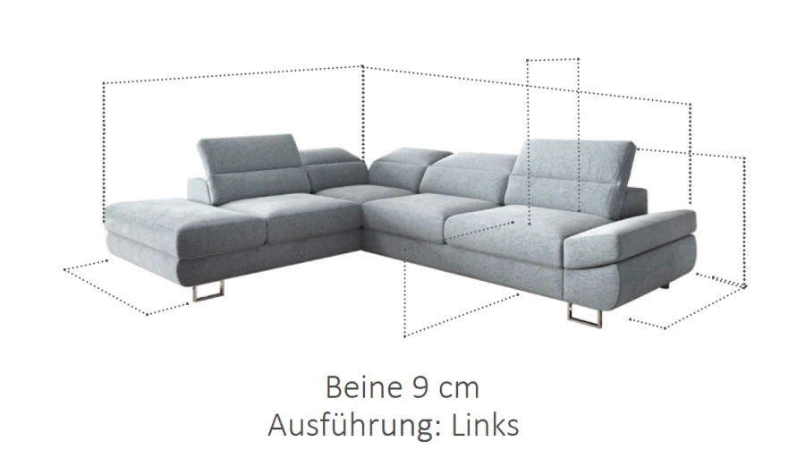Abmessungen Ecksofa Grau links: 273x216 cm Stellmaß, 42 cm Sitzhöhe, 9 cm hohe Beine.