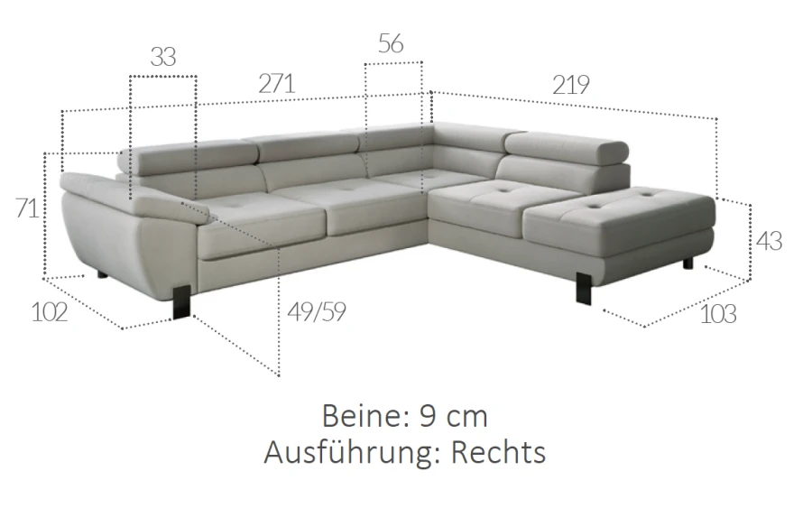 Hellgraues Ecksofa mit Maßen, 271x219 cm, Ausführung rechts, 9 cm Beine.