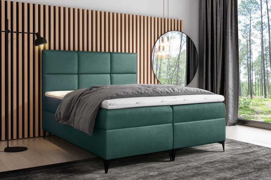 Modernes Boxspringbett in Petrol mit gestepptem Kopfteil