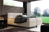 Modernes beiges Boxspringbett mit gepolstertem Kopfteil in Schlafzimmer mit Gartenblick.