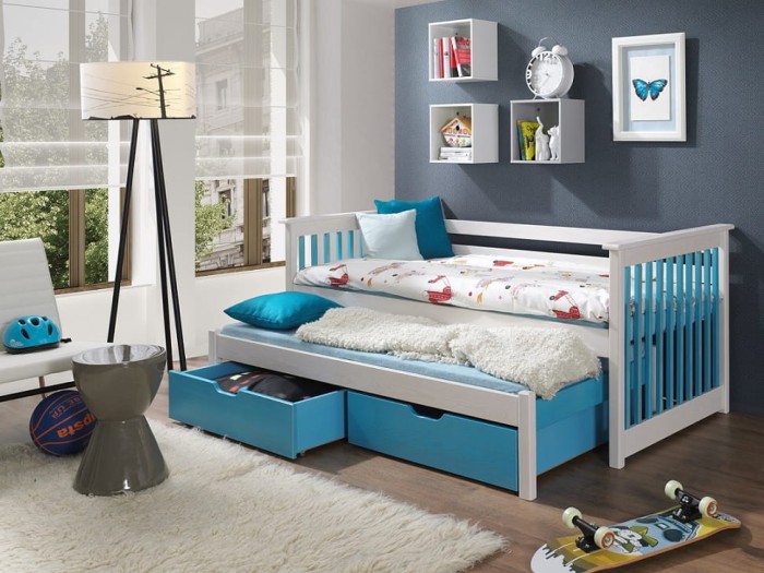 Kinderbett Ausziehbett für 2 Kinder STAN Weiß + Blau (acryl)