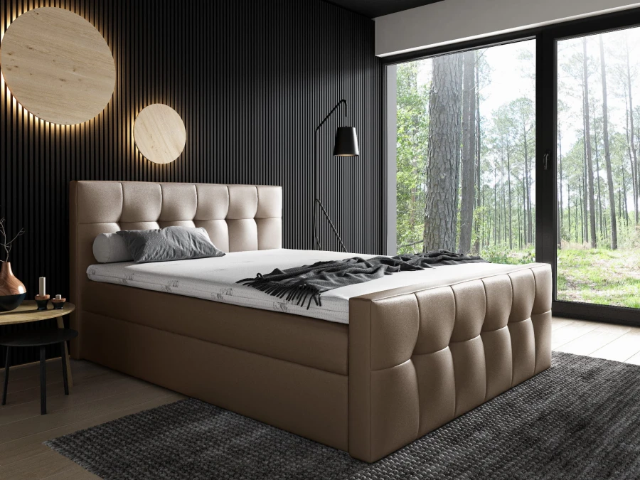 Stilvolles beiges Polsterbett mit hochwertiger Steppung und modernem Design für das Schlafzimmer.