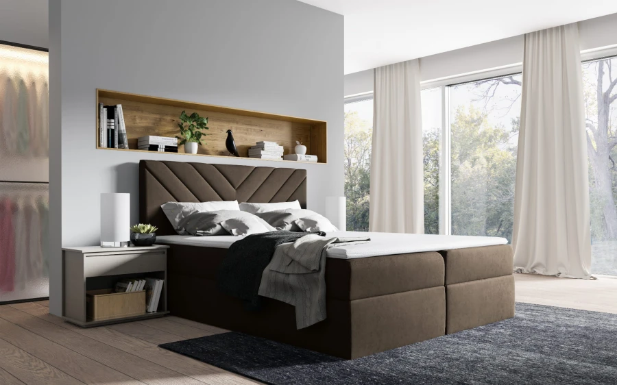 Dunkelbraunes Boxspringbett in elegantem Schlafzimmer mit Holz-Wandnische.